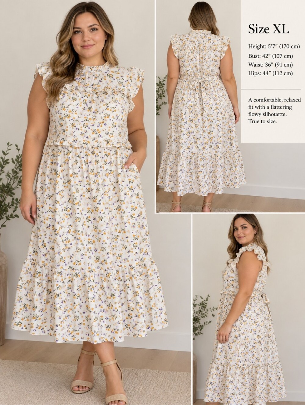Cream Floral Maxi Dress with Yellow Accents – Ruffled Cap Sleeves